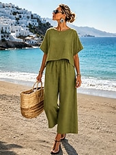 abordables Conjuntos-Conjuntos de lino y algodón para mujer, conjuntos de dos piezas, color puro, elegantes, casuales, cómodos, para el hogar, uso diario, primavera y otoño.