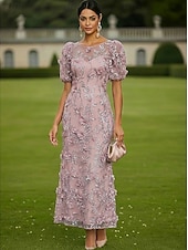 cheap Cocktail Dresses-Sheath Column Ankle Length Lace Dress Cocktail Dresses Elegant Vintage Floral Short Sleeve One Shoulder Garden Party Wedding Satin Tulle with 3D Flowers Bow(s)
