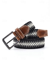 baratos Cintos Masculinos-Cinto masculino trançado elástico com ponteiras de couro e fivela de pino, casual e elegante, com ajuste regulável para homens maduros, ideal para uso diário e viagens.