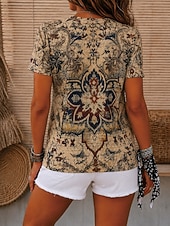 preiswerte Boho-T-Shirt-Damen T Shirt Druck Blumen Grafik Geometrisch Vintage Stilvoll Lässig Kurzarm Rundhalsausschnitt V Ausschnitt Rundhals Normale Oberteile Lässig Täglich Wochenende Braun Grün Sommer Frühling Herbst