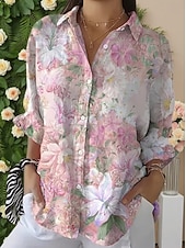 billige Blomstrete bluser-Dame Skjorte Rynket Blomstret Grafisk Elegant Ferie Stilfull 3/4 ermer Skjortekrage Crop Tops Avslappet Daglig Arbeid Hvit Gul Rosa Lys Lilla Lilla Sommer Vår