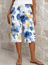 cheap Bermuda Shorts-Women's Cotton Linen Shorts Capri Pants Leggings Cropped Pants Vacation Vintage coastal grandma style Knee Length Mid Waist Floral Graphic Abstract Print Comfort Inelastic Daily Outdoor Vacation
