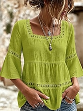  Festival de Música Mulheres Blusa Renda Patchwork Guarnição do laço Côr Sólida Diário à moda Básico Manga 3/4 Decote Quadrado Tops longos Casual Diário Preto Branco Azul Céu Verde Verão Primavera