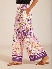 abordables Pantalons-pantalon large en satin soyeux à motif cachemire lavande