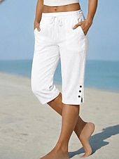billige Bunner-Dame Shorts i bomullslin Capri-bukser kinesisk Shorts Ferie Grunnleggende Fritid Capris Medium Midje عادي Lomme Elastisk midje Komfort Pustende Uelastisk Daglig utendørs Feriereise Svart Hvit