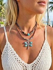 tanie Naszyjnik damski-Damski naszyjnik w stylu boho z wisiorkiem w kształcie ważki, dwuwarstwowy choker ze skóry ze stopu metali, z turkusowymi koralikami, idealny na wakacje na plaży, letnie podróże i codzienne, codzienne