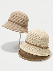 baratos Chapéus Femininos-Chapéu bucket feminino em poliéster trançado com cinto de couro, chapéu de sol leve para o verão, ideal para férias, praia, uso casual ao ar livre e dia a dia.