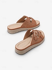 baratos Sandálias Confortáveis-Sandálias femininas marrons com fivela dupla e strass – chinelos de verão brilhantes e confortáveis com palmilha macia e acolchoada para pés inchados, ideais para férias. &amp;roupa casual para o dia a
