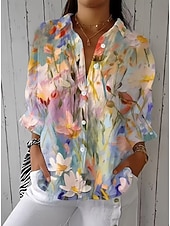 billige Blomstrete bluser-Dame Skjorte Rynket Blomstret Grafisk Elegant Ferie Stilfull 3/4 ermer Skjortekrage Crop Tops Avslappet Daglig Arbeid Hvit Gul Rosa Lys Lilla Lilla Sommer Vår