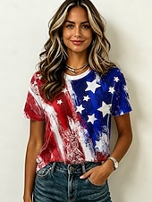  American Independence Day Women's T Shirt Print Graphic American Flag Vintage Stylish Casual Short Sleeve Crew Neck Regular Tops Casual Daily Weekend Blue White Red Red / Blue Summer Spring