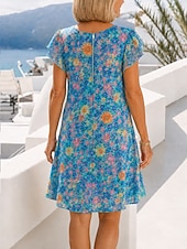 preiswerte Elegante Blumenkleider-Damen Knielanges Kleid Chiffonkleid Blumenkleid Elegant Mode Modern Urlaub Party Wochenende Normale Passform Blumen Kurzarm Rundhalsausschnitt Blau Sommer Frühling