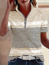 baratos Camiseta listrada e geométrica-Dia dos Namorados Mulheres Camiseta Zíper Quarter Zip Listrado Gráfico Geométrica Bloco de cor Vintage Tropical Havaiana Manga Curta Gola Alta Tops regulares casamento na praia Casual Diário Cáqui