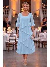 economico Lunghezza del tè-abito a tubino a colonna lunghezza tè abito da festa abito da cocktail abito da invitata a nozze abito da madre della sposa mezza manica scollo a U elegante formale chiffon con volant