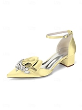 cheap Mother of Bride/Groom-Women's Sophisticated Navy Blue Satin Block Heel Shoes with Bow and Crystal Brooch for Mother of the Bride