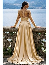 economico Abiti da ballo-Sirena Tromba Lunghezza al pavimento Abito da Sera Elegante Brillare &amp; Splendere Manica Lunga Scollo Illusione Carnevale Mascherata Abito Champagne per la Madre della Sposa Raso Con Paillettes con