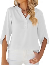 cheap Plain Blouses-Women's Shirt Blouse Buttons Solid Color Fashion Half Sleeve V Neck Regular Tops Daily Black White Fuchsia Summer Spring