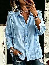  Mulheres Camisa de renda Blusa Guarnição do laço Côr Sólida Tecido Elegante Boêmia Manga Longa Lapela Tops regulares Branco Azul Céu Violeta Verão Primavera