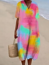 economico Abiti a Strisce e Geometrici-Per donna Abito Midi Vestito Estivo Abito a trapezio Vacanza Casual Spiaggia Spiaggia Feste Vestibilità comoda Grafico Geometrico Manica Corta Scollo a V Rosa Arancione Arcobaleno Estate Primavera