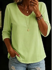  Mujer Camiseta Color sólido Elegante Clásico Manga 3/4 Escote en Pico Tops largos Casual Azul Piscina Negro Blanco Verde Claro Rosa Verano Primavera