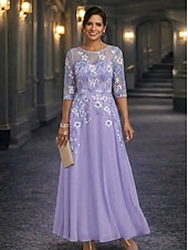 preiswerte Bodenlänge-A-Linie Bodenlang Spitzenkleid Brautmutterkleid Langarm Dreiviertelarm Rundhalsausschnitt Elegant Vintage Formell Hochzeitsgast Hochzeitsfeier Chiffon Spitze mit Stickerei Applikationen Blume