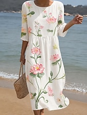 cheap Floral Dress-Women's Maxi Dress Shift Dress Sundress Vacation Casual Beach Going out Loose Fit Floral Graphic 3/4 Length Sleeve Crewneck Blue White Summer Spring Fall