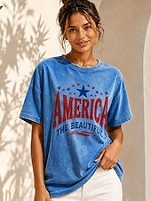 abordables Día de la Independencia Top-día de la independencia americana Mujer 100% Algodón Camiseta Tops lavados estilo vintage Estampado Graphic Letra Vintage Moda Elegante Manga Corta Cuello Barco Tops regulares Casual Diario Azul