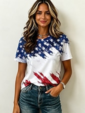  Amerikaanse onafhankelijkheidsdag Dames T-shirt Afdrukken Grafisch Amerikaanse vlag Vintage Stijlvol Casual Korte mouw Strakke ronde hals Normale tops Casual Dagelijks Weekend Wit Rood Zomer Lente