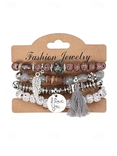 preiswerte Urlaubszubehör-Mehrlagiges Perlenarmband-Set im Boho-Stil für Damen – farbenfrohe Armbänder mit Quaste und Flügelanhänger für Freizeit und Strand.