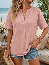 baratos Blusas Simples-Women's Shirt Casual Shirt Vacation Vintage Fashion Short Sleeve V Neck Crop Tops Casual Khaki Black White Yellow Pink Summer Spring