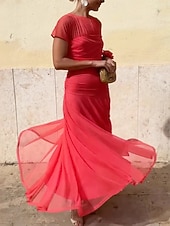 cheap Chiffon Dresses-Women's Maxi Dress Chiffon Dress Prom Dress Cocktail Dress Elegant Fashion Modern Vacation Party Wedding Guest Regular Fit Plain Short Sleeve Crew Neck Red Navy Blue Purple Green Summer Spring