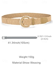 cheap Women's Belt-Women's Boho Straw Woven Belt, Wide Raffia Waist Belt with Beaded Buckle, Casual Cinch Belt for Summer Beach Vacation &amp; Daily Wear, Khaki/Beige