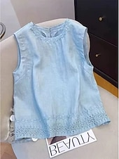 baratos Tanque Simples-Mulheres Camisa Social Blusa Franzido Bordado Vintage Sem Manga Gola Redonda Tops regulares Azul Branco Amarelo Azul Marinha Verão Primavera