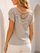 voordelige Effen t-shirt-Dames T-shirt Kant Effen Kleur Vintage Stijlvol Basic Korte mouw V-hals Normale tops Casual Dagelijks Zwart Groen Beige Zomer Lente