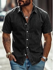 cheap Men's Smart Casual Shirts-Men Shirt Casual Shirt Button Up Shirt 100% Cotton Acid Wash Shirt Acid Wash Shirt Blue Black Pink Navy Blue Purple Short Sleeve Plain Shirt Collar Casual Daily Clothing Apparel Elegant Fashion Casual
