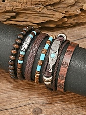 preiswerte Herrenschmuck-6-teiliges Boho-Armbandset für Herren aus Leder – Vintage-Holzperlen &amp;Armbänder mit Federanhänger aus Silberlegierung, stapelbar, für sommerlichen Strandurlaub und lässige Alltagskleidung