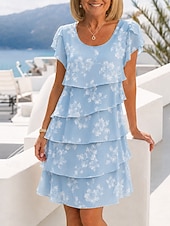 Недорогие Elegante blomsterkjoler-Women's Knee Length Dress Chiffon Dress Floral Dress Elegant Fashion Modern Vacation Party Weekend Regular Fit Floral Short Sleeve Crew Neck Blue Yellow Orange Green Summer Spring