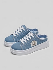 abordables Baskets femme-Mules compensées en denim bleu pour femme - chaussures à lacets à bords effilochés et semelle blanche, confortables et décontractées, idéales pour les voyages d'été et la marche. &amp;vêtements de tous