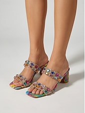 baratos Sandálias de salto-Sandálias femininas coloridas de salto bloco - mules com detalhes em cristal, perfeitas para jantares de férias, festas na praia e noites de verão.
