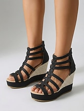 cheap Wedge Sandals-Women's Black Gladiator Wedge Sandals - Elegant Multi-Strap Platform Heels with Woven Texture for Outdoor Resort Vacations, Summer Music Festivals &amp; Tropical Night Outs