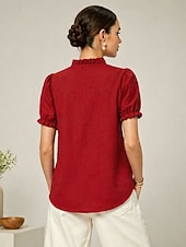 economico Bluse Eleganti-Per donna Camicia Blusa Arricciato Ricamato Stampato Floreale Vintage Elegante Manica Corta Manica a Balze Collo alla coreana Top Regolari Casuale Spiaggia Verde militare Rosso Blu marino Estate