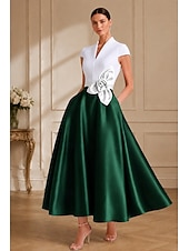 preiswerte Cocktailkleider-A-Linie Tee-Länge Cocktailkleider Partykleider Elegant Farbblock seidig Kurzarm V Ausschnitt Hochzeit Formell Tasche Satin mit Tasche