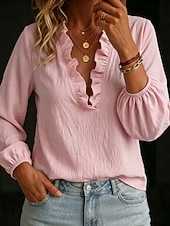  Mujer Camisa Color sólido Plano Elegante Bohemia Vacaciones Manga Larga Escote en Pico Tops regulares Casual Azul Piscina Blanco Rosa Caqui Verano Primavera