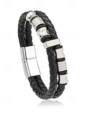 abordables Bijoux pour hommes-cuir synthétique à fermeture magnétique pour homme &amp;Bracelet en acier inoxydable noir, résistant et élégant, idéal pour offrir, pour les vacances à la plage ou au quotidien.