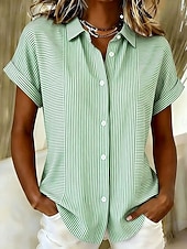 voordelige Strepen- en Geometrische Blouses-Dames Overhemd Knop Afdrukken Grafisch Gestreept Vintage Dagelijks Stijlvol Korte mouw Overhemdkraag Normale tops Casual Dagelijks blauw Zwart Rood Groen Zomer Lente