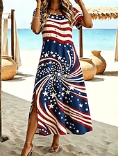  Jour de l'Indépendance Américaine Femmes Robe Midi Robe trapèze Occasionnel Plage Coupe régulière Graphique Drapeau Manche Courte Col ras du cou Bleu Rouge Été Printemps