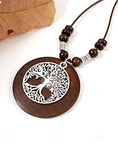 voordelige Dames ketting-Dames boho lange hangerketting - vintage hout &amp;Truienketting van legeringskralen met bladmotief &amp;Levensboom bedeltjes voor een zomervakantie aan het strand, of als casual kleding voor elke dag.