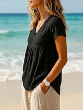 cheap Shirts-Women's Cotton Linen Shirts Lace Splicing Top Ruffle Patchwork Lace Trim Solid Color Plain Vintage Short Sleeve V Neck Regular Tops Casual Black White Summer Spring