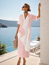 baratos Vestidos Estilo Casual-Mulheres Vestido Longo Camisetão Vestidos Para o Verão Vestido antigo Vestido formal Elegante Férias Vintage Mangas de Cotovelo Casa Trabalho Praia Ajuste Largo Gráfico Leopardo Abstrato Manga Curta