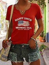  American Independence Day Women's T Shirt Print Graphic American Flag Vintage Stylish Classic Short Sleeve Notched Neck Regular Tops Daily Weekend White Red Ink Blue Green Summer Spring