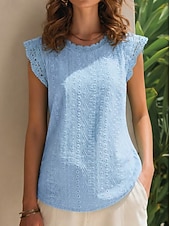 cheap Plain tee-Women's Eyelet Embroidery T Shirts Tee Top Lace Trims Elegant Stylish Short Sleeve Cap Sleeve Crew Neck Long Tops Casual Going out Vacation Wear Teal Black White Pink Sky Blue Summer Spring